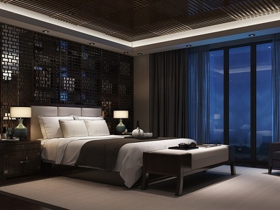 3d新中式中式酒店客房模型