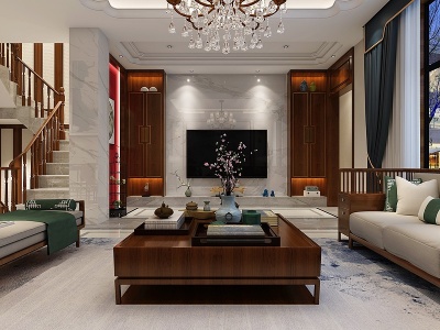 3d中式新中式客厅电视墙模型