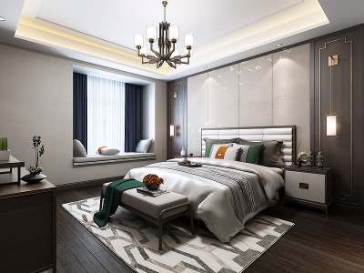 新中式卧室吊灯床榻床模型3d模型