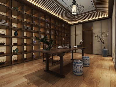 3d新中式书房茶桌模型