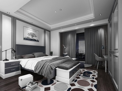 现代轻奢黑白简约卧室3d模型