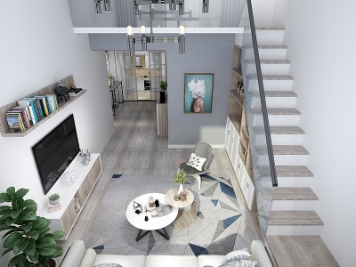 3d现代家居复式挑高玻璃楼梯模型