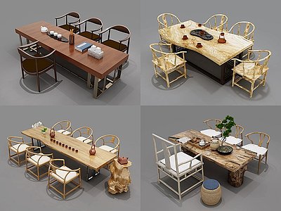 中式茶桌椅组合模型