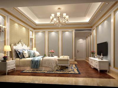 欧式卧室吊灯床模型3d模型