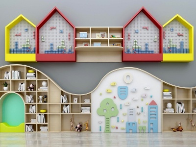 3d现代儿童书柜书架装饰柜模型