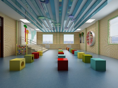 3d现代儿童教室展示柜黑板模型