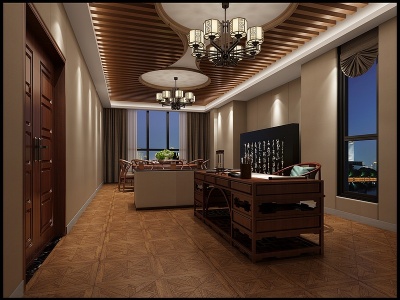 3d中式别墅书房餐厅模型