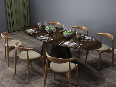 3d中式餐桌餐桌椅六人桌模型