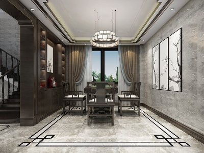 3d新中式客餐厅沙发背景模型