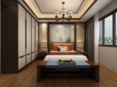 3d新中式卧室床具衣柜模型