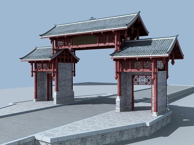 3d中式古建筑大门门楼模型