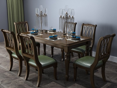 美式餐桌餐桌椅六人桌3d模型