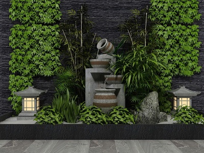 3d新中式园艺小品绿植水景模型
