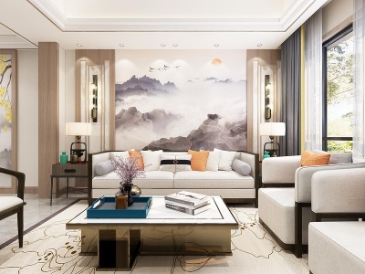 3d新中式客餐厅沙发茶几组合模型