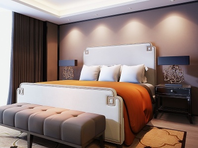 现代奢华双人床床尾踏组合模型3d模型