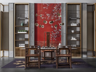 3d新中式茶桌椅装饰品画模型