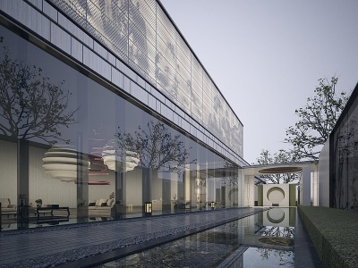 3d新中式售楼处庭院景观模型
