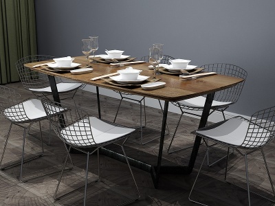 3d工业风餐桌餐桌椅六人桌模型
