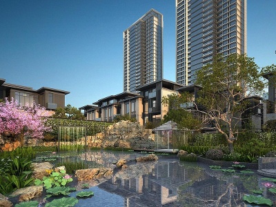 3d新中式新亚洲独栋别墅庭院模型