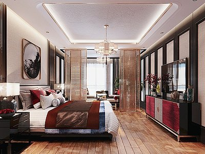 3d新中式卧室中式双人床模型