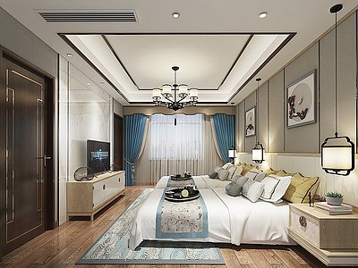 新中式卧室床电视柜吊灯3d模型
