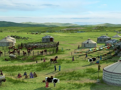 C4D现代蒙古包草原牧场景观模型