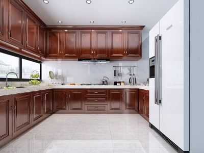 3d美式简美厨房橱柜冰箱模型