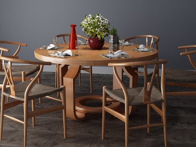 3d新中式餐桌餐桌椅圆桌模型