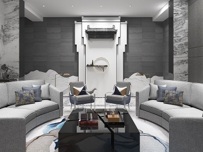 3d新中式客厅地毯吊灯模型