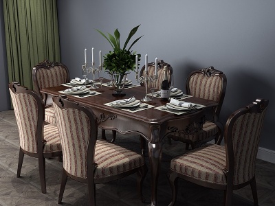 3d欧式古典餐桌餐桌椅六人桌模型