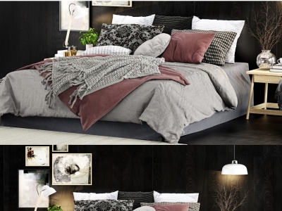 3d北欧双人床床品卧室模型