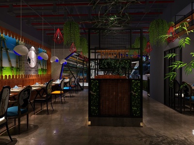 工业风音乐餐厅绿植餐厅模型3d模型