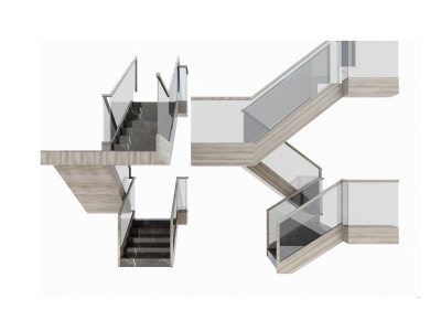 3d新中式楼梯玻璃扶手组合模型