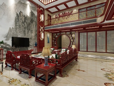 3d中式挑高客厅模型