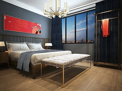 新中式卧室床榻衣架模型3d模型