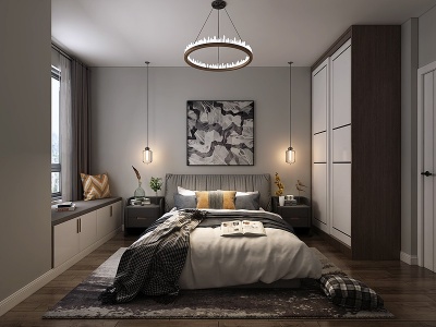 现代卧室双人床吊灯地毯模型3d模型