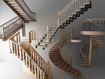 3d简欧木质楼梯扶手模型