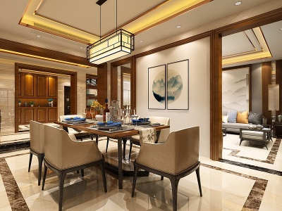 3d新中式餐厅餐桌吊灯模型