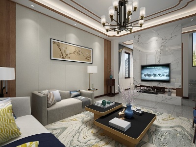 3d新中式客厅加茶室模型