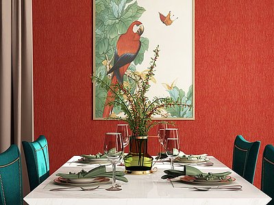 3d新中式餐厅餐桌装饰画模型