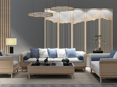 新中式沙发茶几屏风吊灯模型3d模型