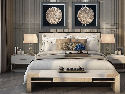 新中式床床头柜组合模型3d模型