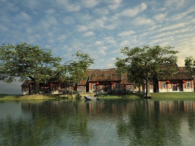 中式瓦房民房水景水屋模型