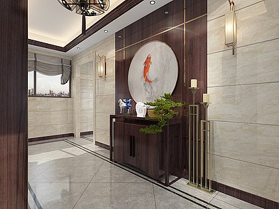 3d新中式客餐厅卧室门厅模型