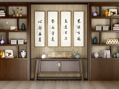 3d新中式书柜玄关柜边柜模型