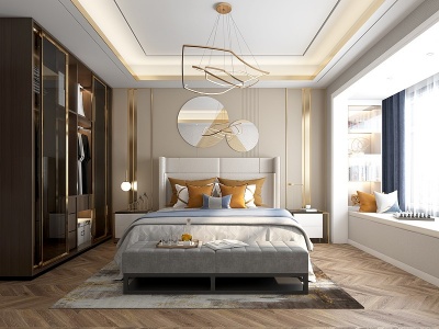 3d现代轻奢卧室床床头柜模型