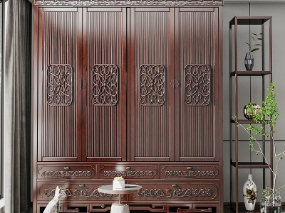 3d中式实木雕花衣柜模型