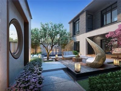 3d新中式别墅庭院模型