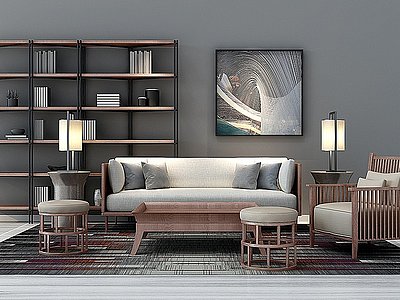 新中式沙发椅子书架组合模型3d模型