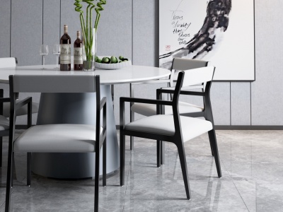 新中式餐厅餐桌椅吊灯挂画模型3d模型
